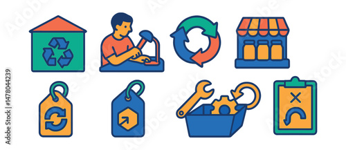 Isometric flat vector set of illustrations of circular economy practices: reuse center icon, repair station, material loop, zero-waste store, secondhand product label, design-for-reuse tag, parts