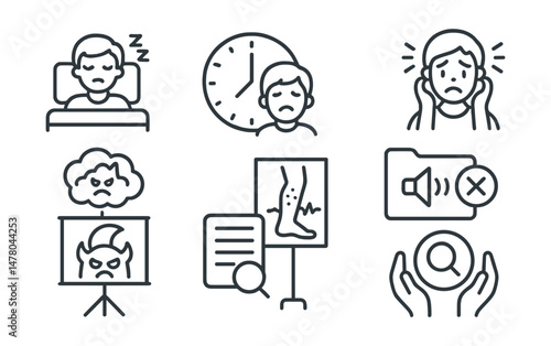 Line style icons of sleep challenges and support: trouble falling asleep icon, wake in night badge, sleep anxiety tag, noise sensitivity file, nightmares board, restless legs chart, sleep journal