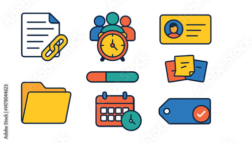 Isometric flat vector set of illustrations of collaborative group project tools: shared document tile, group deadline icon, member role card, brainstorm notes, progress bar, file folder icon, meeting