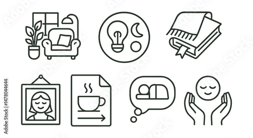 Line style icons of comfort and rest: cozy corner icon, lights off badge, blanket and book tag, rest as healing file, “I deserve rest” board, slow tea chart, permission to nap bubble, decompress