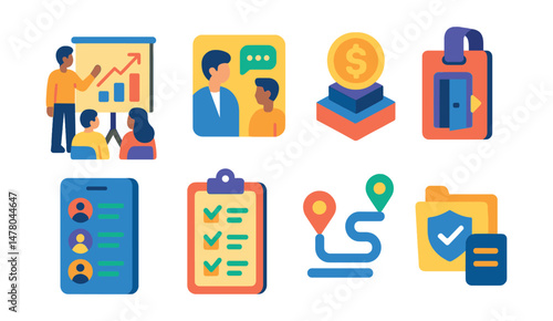 Isometric flat vector set of illustrations of startup accelerator program: pitch bootcamp, mentor session card, funding milestone icon, coworking pass, team tracker, MVP checklist, startup roadmap,
