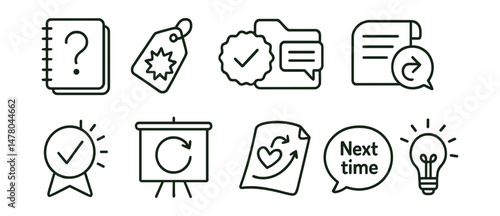 Line style icons of self-reflection and repair: what happened journal icon, insight tag, check your needs badge, “what I wanted to say” file, circle back board, self-apology chart, next time bubble,