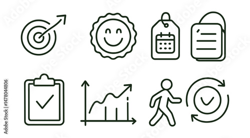 Line style icons of gentle goal setting: flexible goal icon, progress not pressure badge, day-by-day tag, revise as needed file, small check board, skip and return chart, adaptable tracker bubble,