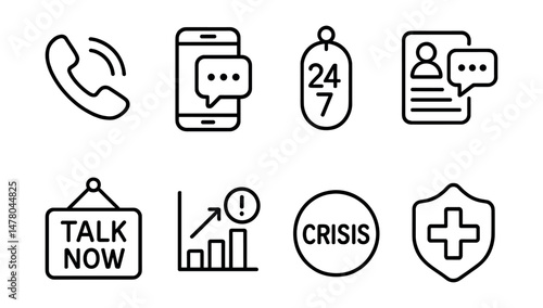 Line style icons of crisis support access: emergency phone icon, text hotline badge, 24/7 service tag, chat with responder file, talk now board, urgent contact chart, crisis button bubble, immediate