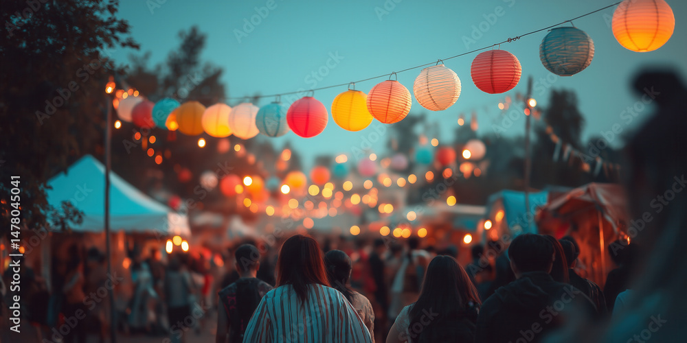 Naklejka premium Outdoor festival with colorful lanterns and people enjoying the festivities on evening.