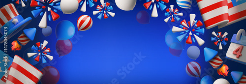 American happy Independence day vector 3D banner background design, USA flag, balloons and fireworks patriotic wallpaper