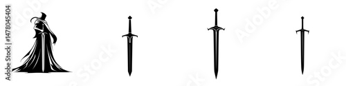 Intriguing vector illustration featuring a cloaked figure and various sword designs suitable for fantasy themes