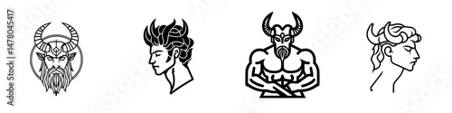 Vector illustration of mythical characters showcasing different styles and expressions of strength and power in a minimalist design