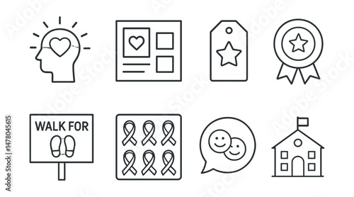 Line style icons of schoolwide awareness campaigns: mental health week icon, poster wall badge, themed activity tag, badge giveaway file, walk for wellness board, awareness ribbons chart, sticker