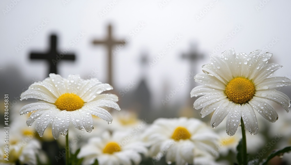 Obraz premium Rainy Day Cemetery Daisies.