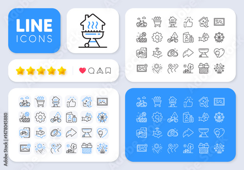 Bike attention, Sleep and Surprise line icons for web app. Message, Share, Like social media icons. Pack of Road, Fireworks stars, Fishfinder pictogram icons. Vector