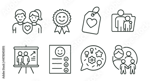 Line style icons of building a supportive school culture: student wellness leaders icon, mental health pledge badge, kindness campaign tag, buddy system file, teacher training board, caring classroom