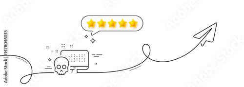Cyber attack line icon. Continuous line with share plane. Ransomware threat sign. Computer phishing virus symbol. Five star rate review in speech bubble. Cyber attack single line ribbon. Vector