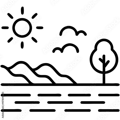 Simplified landscape with sun, trees, and flowing water
