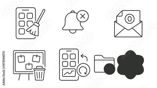 Line style icons of digital decluttering: app cleanup icon, notification purge badge, inbox zero tag, storage review file, delete distraction board, home screen reset chart, archive folder bubble,