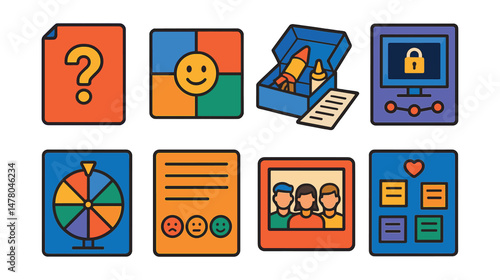Isometric flat vector set of illustrations of remote team-building kits: challenge card, icebreaker game tile, DIY project kit, virtual escape clue, fun facts spinner, feedback form, group photo