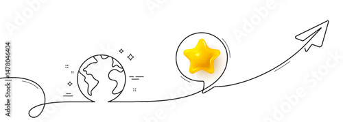 World planet line icon. Continuous line with share plane. Web internet sign. Global marketing symbol. 3d star in speech bubble. World planet single line ribbon. Loop curve pattern. Vector