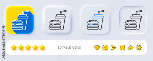 Hamburger with drink line icon. Neumorphic, Flat shadow, 3d buttons. Fast food restaurant sign. Hamburger or cheeseburger symbol. Line hamburger icon. Social media icons. Vector