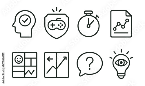 Line style icons of self-monitoring tools: check my focus icon, distraction log badge, time tracker tag, attention graph file, mood and energy board, before + after chart, “what helped?” bubble,
