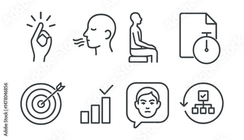Line style icons of focus rituals and habits: set intention icon, pre-task breath badge, seated posture tag, timer ready file, visual target board, single task chart, “I’m focusing now” bubble, habit