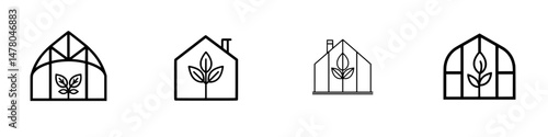 Vector illustration of various greenhouse designs featuring plants, showcasing diversity in sustainable gardening aesthetics