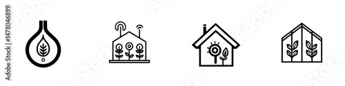 Illustration of plant care and gardening concepts featuring icons of water droplet, greenhouse, home, and plant growth