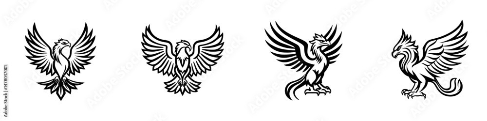 Obraz premium Stylized vector illustrations of mythical birds in dynamic poses for art and design projects