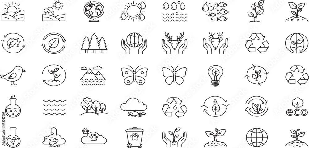 Environment Line Editable Icons set. Vector illustration in modern thin line style of nature related icons: plants, insects, animals, and more. Environment Line Editable Icons set. Vector illustration in modern thin line style of nature related icons: plants, insects, animals, and more.