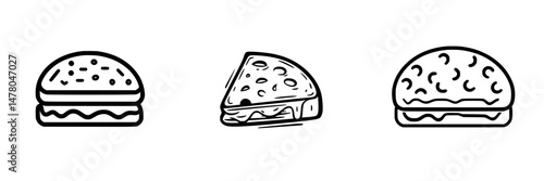 Delicious variety of sandwiches and a slice of pizza in vector illustration style showcasing simple and appetizing designs
