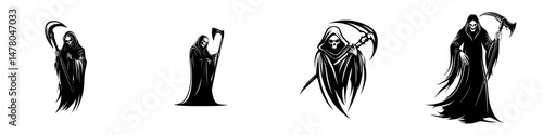 Vector illustration of grim reaper figures in various poses showcasing a dark theme and haunting atmosphere