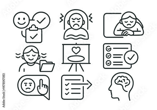 Line style icons of emotional regulation and focus: emotion and task icon, frustrated + breathe badge, too tired to focus tag, calm and return file, feel before start board, emotional checkpoint