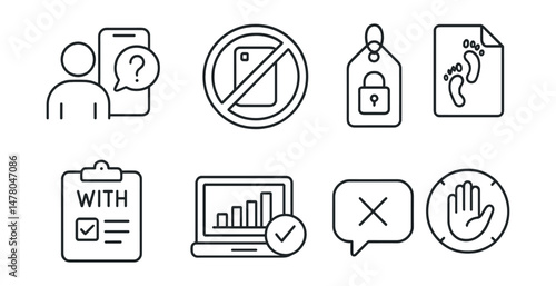 Line style icons of digital boundaries and consent: ask before share icon, “no screenshot” badge, respect privacy tag, digital footprint file, tag with permission board, consent online chart, “I didn