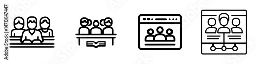 People engaging in discussions and presentations in various settings represented through vector illustration icons