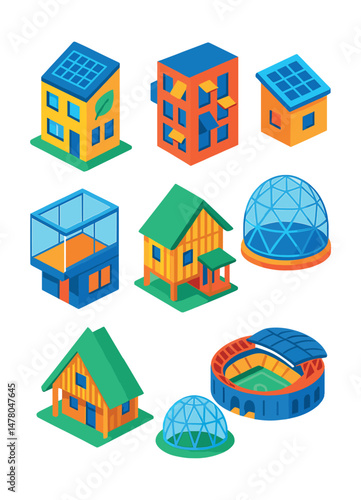 Isometric flat vector icons of Architectural Innovation: zero-energy building, climate-adaptive facade, solar panel rooftop array, glass dome structure, transparent observation platform, geodesic