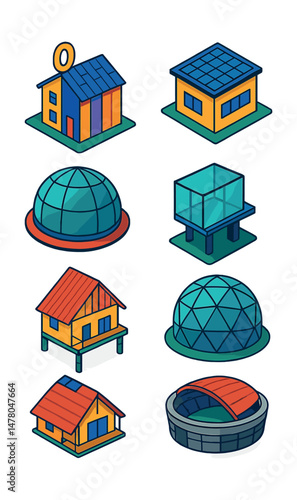 Isometric flat vector icons of Architectural Innovation: zero-energy building, climate-adaptive facade, solar panel rooftop array, glass dome structure, transparent observation platform, geodesic