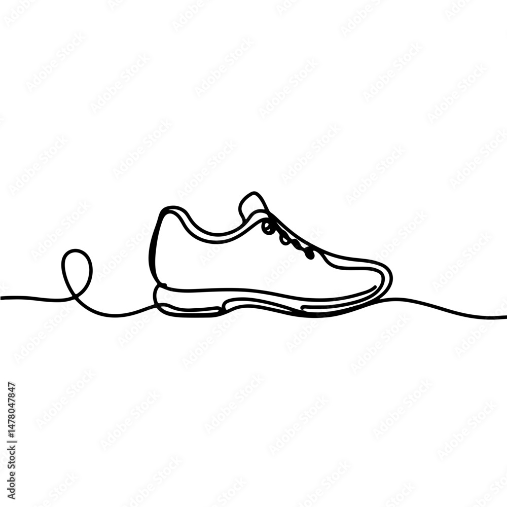 Minimalistic line art of a single sneaker with shoelace on a white background, representing fitness and summer activities concept of sportswear or footwear industry Minimalistic line art of a single sneaker with shoelace on a white background, representing fitness and summer activities concept of sportswear or footwear industry