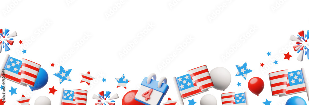 Obraz premium 3D blank banner with stars, fireworks, balloons bottom border in American flag colors.