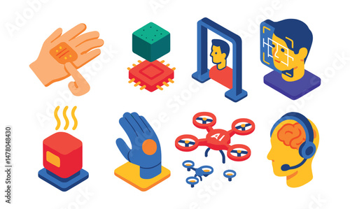 Isometric flat vector of Tech Breakthroughs: self-healing material patch, smart dust sensor, real-time facial recognition gate, quantum encryption chip, digital smell interface, robotic skin sensor,