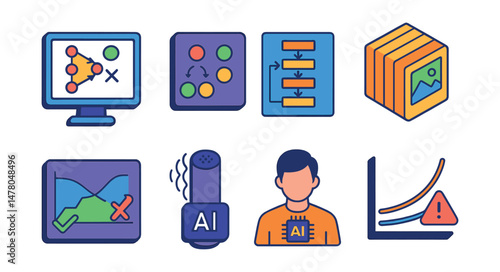 Isometric flat vector of AI Development: supervised learning interface, unsupervised clustering visual, transformer model structure, labeled image dataset, AI model evaluation chart, intelligent