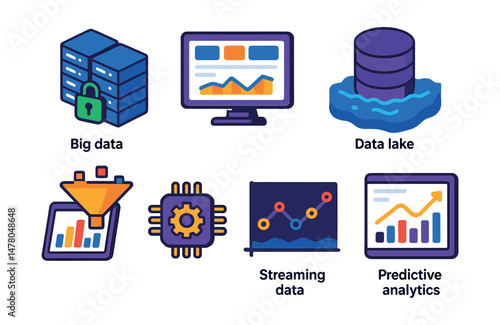 Isometric flat vector of Big Data Insights: big data storage cluster, real-time analytics dashboard, data lake architecture, data ingestion pipeline, data visualization chart, data mining algorithm,