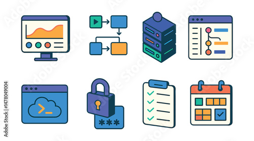 Isometric flat vector icons of DevOps & Cloud Automation: release version dashboard, deployment pipeline map, multistage environment preview, git commit history screen, cloud CLI panel, CI/CD secrets
