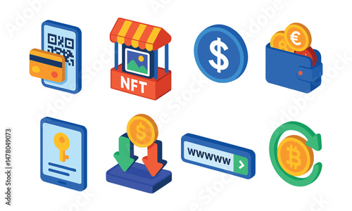 Isometric flat vector icons of Digital Finance & Cryptocurrencies: crypto payment QR code, NFT marketplace booth, stablecoin symbol, multi-currency wallet, private key backup screen, DeFi lending