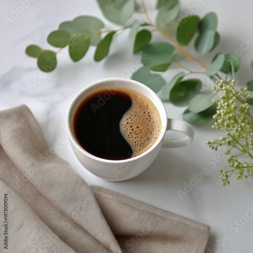 Savoring a Warm Cup of Freshly Brewed Coffee Surrounded by Greenery in a Serene Setting