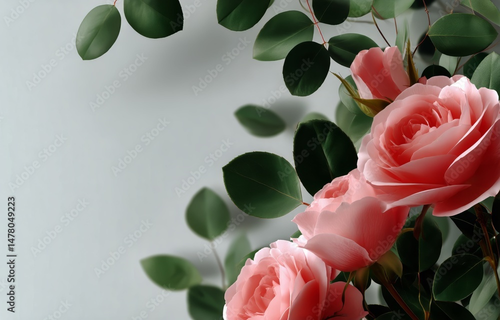 Soft Pink Roses With Green Leaves Arranged Beautifully on a Light Background at a Serene Moment