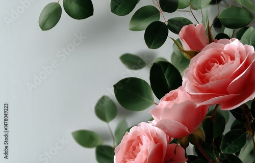 Obraz na płótnie Soft Pink Roses With Green Leaves Arranged Beautifully on a Light Background at a Serene Moment w salonie