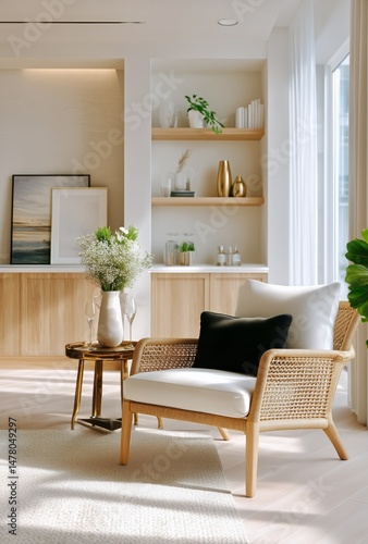 Modern Interior Design Featuring a Cozy Chair and Stylish Decor in a Bright L...