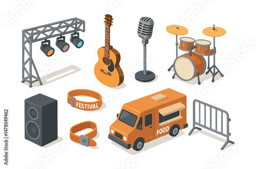 Isometric flat vector set of illustrations of music festival scene: stage lights, guitar, microphone, drum set, speaker, festival wristband, food truck, crowd barrier. Illustrations isolated