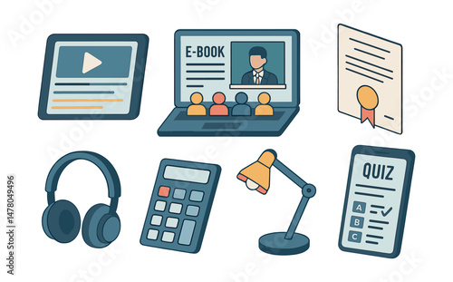 Isometric flat vector set of illustrations of online education tools: tablet, e-book, virtual classroom, diploma, headphones, calculator, study lamp, quiz app. Illustrations isolated transparent