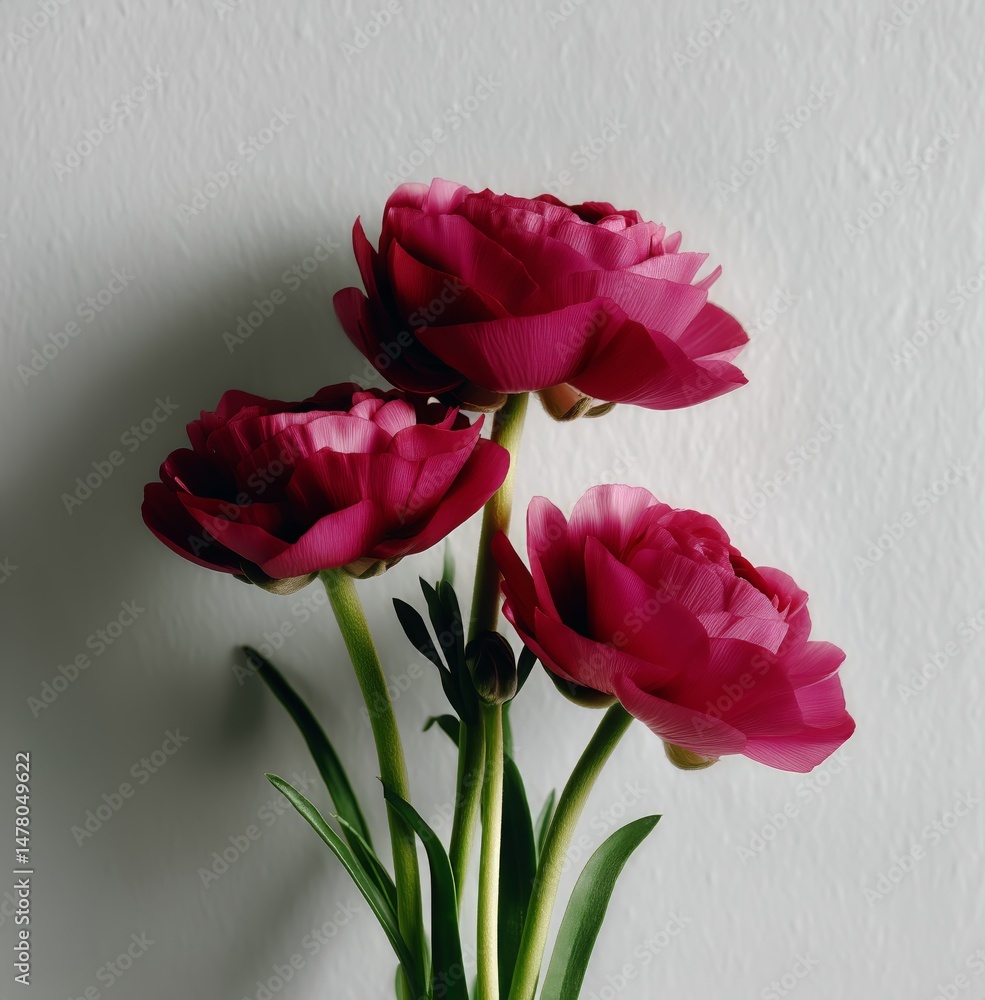 Beautiful Pink Ranunculus Flowers Arranged in a Clear Vase With a Minimalist Background