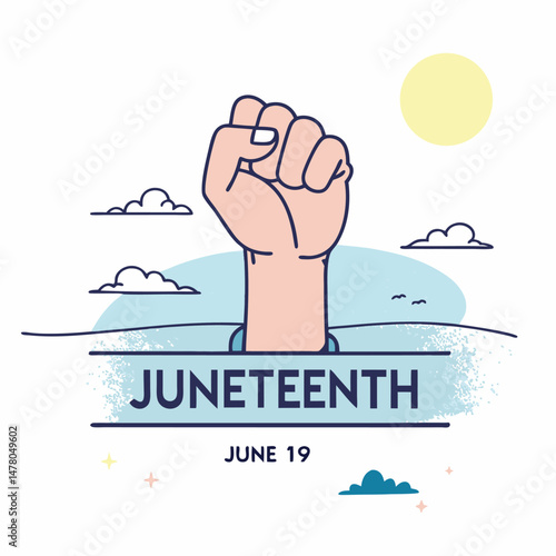 Juneteenth celebration illustration with raised fist symbols and festive graphics for a celebration of freedom